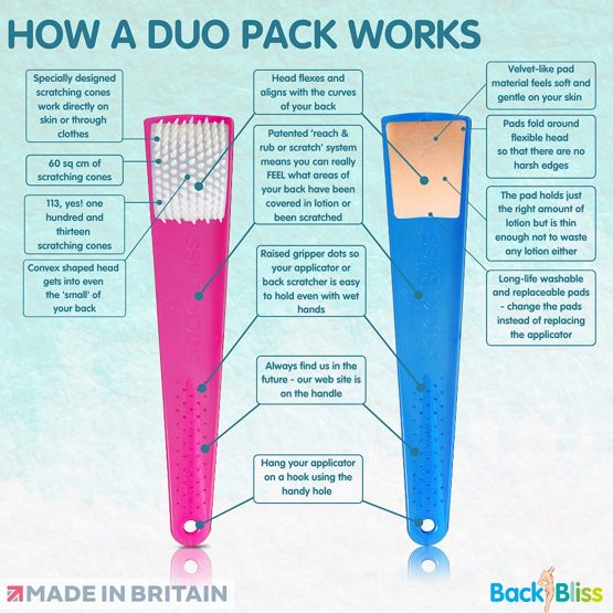 Back Lotion Applicator Easy Reach Body Cream Applier & Back Scratcher for Men and Women - BackBliss Pamper Pack for Body Exfoliation and Body Skin Moisturizer. Made in Britain - Set of Two Pink/Blue - Image 2
