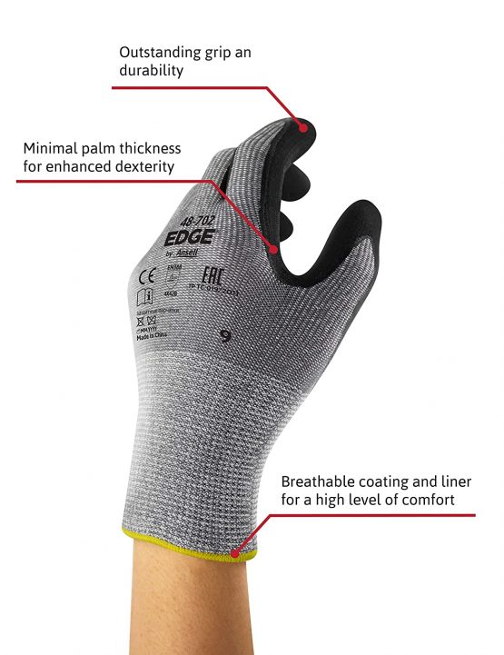 Ansell EDGE 48-702 Work Gloves for Men and Women Cut-resistant for Mechanical, Home Improvement or Industrial Jobs, Grey/Black, Size 9 (12 Pairs) - Image 2