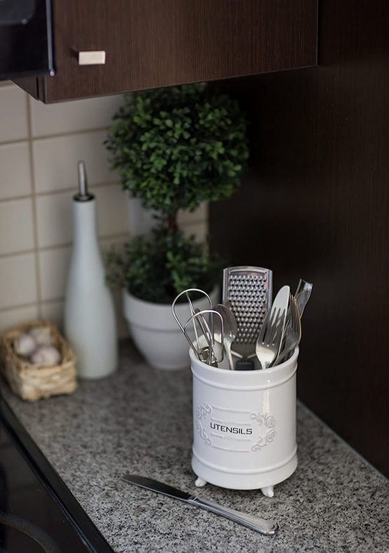 French White Ceramic Utensil Holder - Vintage Style Kitchen Utensil Caddy - Antique Design Cooking Utensil Organizer - Rustic French Country Utensil Crock for Cooking Enthuziast - Image 3