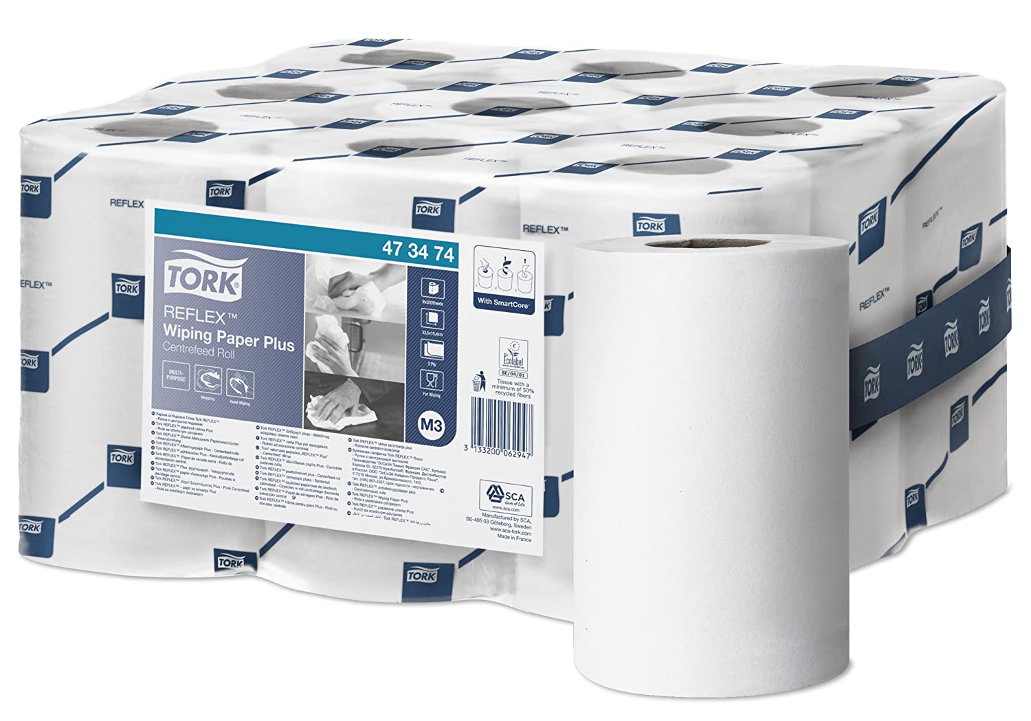 Tork 473474 Reflex Wiping Paper Plus / 2 Ply Absorbent Advanced Paper Roll Suitable for Tork M3 Centrefeed Reflex Mini Roll System / White / 9 x 67m / diameter 12.7cm - Image 2