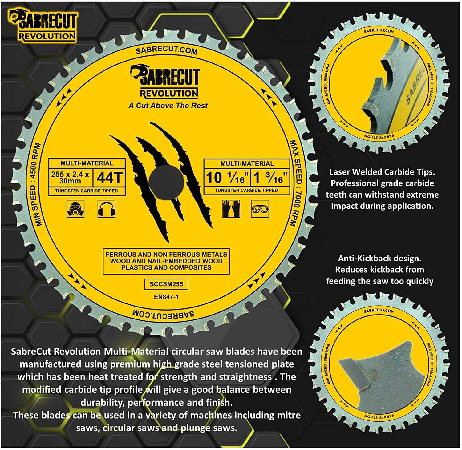 1 x SabreCut SCCSM255_44 255mm 44T x 30mm 25.4mm 20mm 16mm Bore Multi-Material Metal Wood Plastic Circular Saw Blade - Image 2