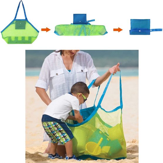 Yesmin XL Extra Large Mesh Beach Tote Bag for Outdoor Swim Pool Childrens and Kids Toys Travel Towels Sand Away Organizer Storage Bags, Foldable & Lightweight (Green mesh Blue bag) - Image 2