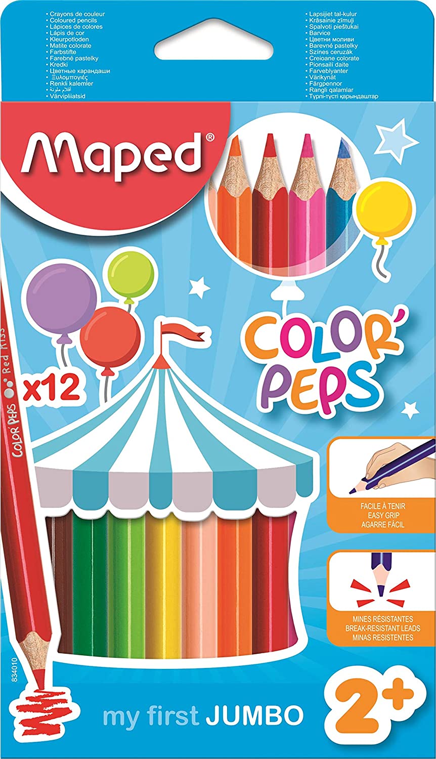 Maped Color'Peps My First Jumbo Colouring Pencils - Large Diameter Coloured Pencils in 12 Bright Colours - Suitable for Children Age 2+