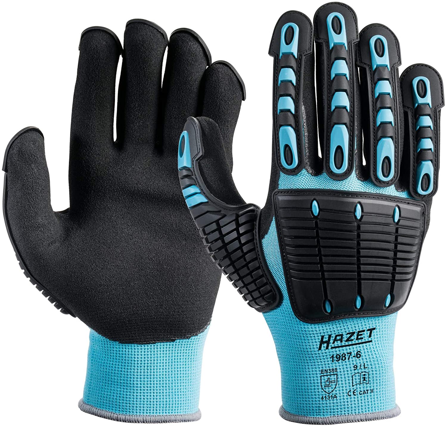 Hazet Mechanics Gloves (TPR Protectors on Fingers and Back of Hand) Large 1987-6, Black/Blue, L (Pack of 2)