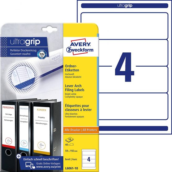 Avery Zweckform L6061-25 Folder Labels (A4,100 Pieces, Opaque, 192 x 59 mm) White 40 Labels 10 Blatt