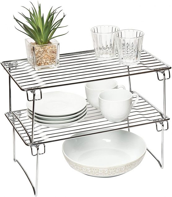 Amtido Kitchen Cupboard Organiser Storage Shelf Rack Stands for Cabinets, Pantry, Countertop Organisation - Stackable - Chrome, 2 Pack