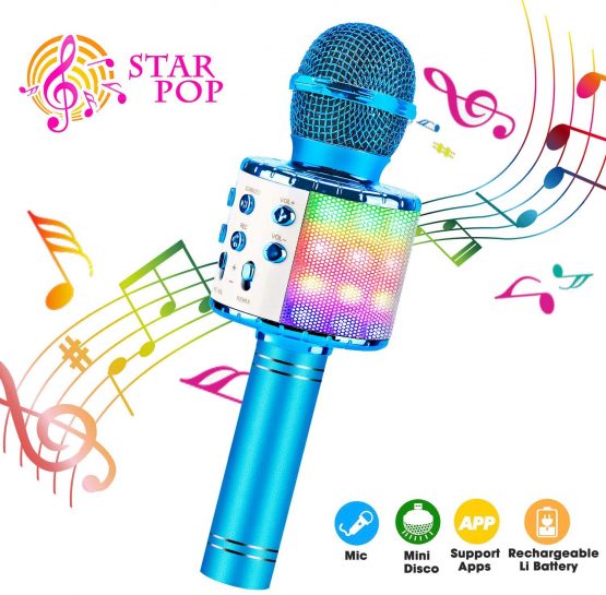 ShinePick Karaoke Bluetooth Microphone, 5 in 1 Recording & Singing Microphone for Kids Adults, Dancing LED Lights Portable Speaker Karaoke Machine, Wireless Microphone for Phone/Pad/TV (Blue)
