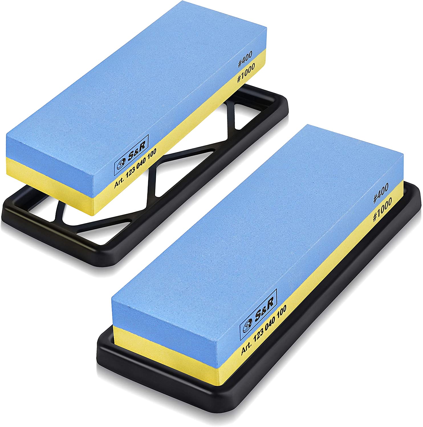 S&R Whetstone Sharpening Stone 4 Pcs.: 2-Sided Grinding Sharpener Grit 400/1000, with Silicone Holder - Image 2