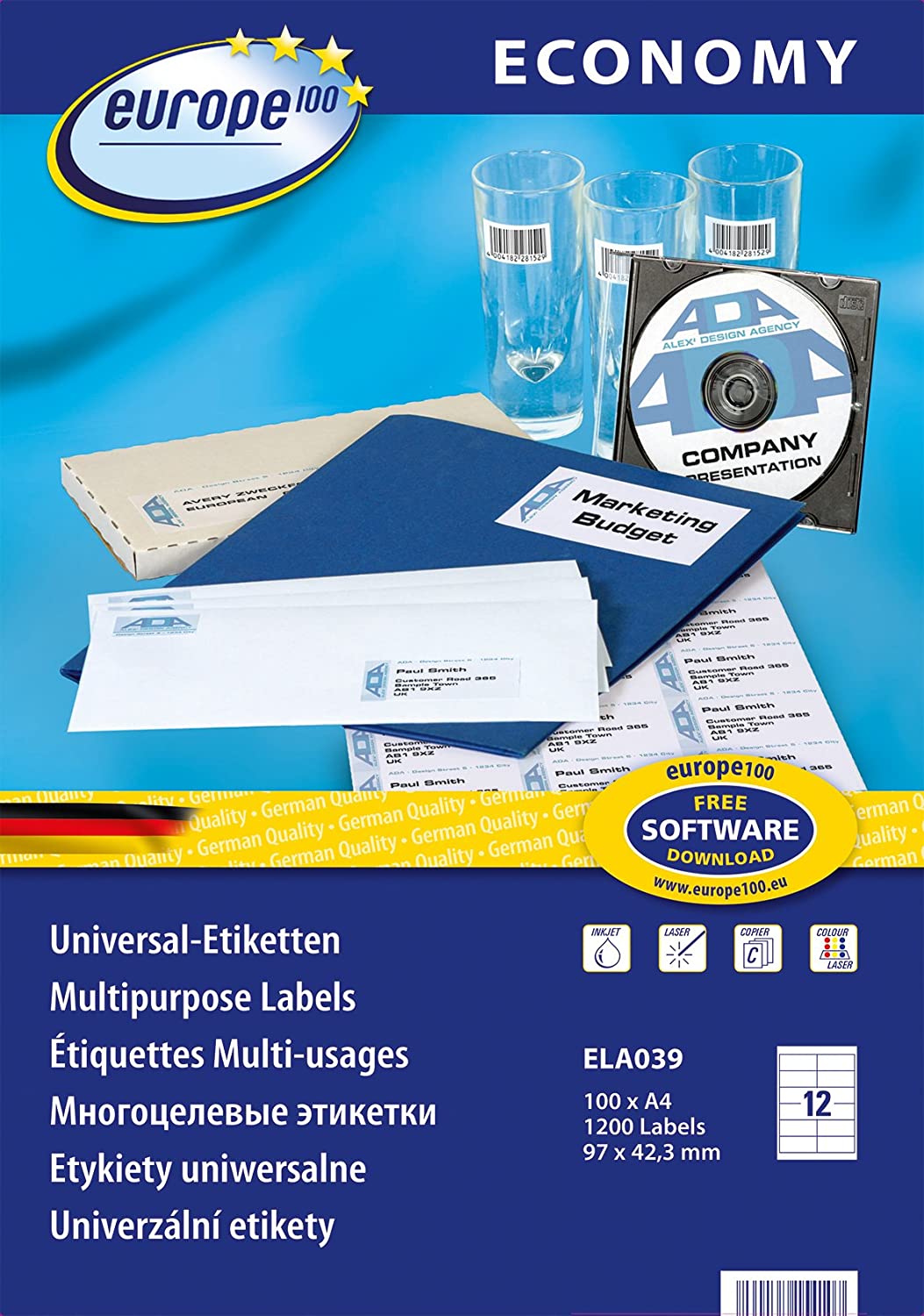 europe100 ELA001 Universal Labels 38 x 21.2 mm 97 x 42.3 mm, White, 97x42,3 mm