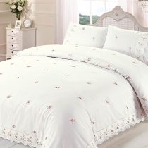 Rapport Home Duvet Quilt Cover Floral Lace Trim Embroidered Bed Set, Polyester-Cotton, Cream, Double