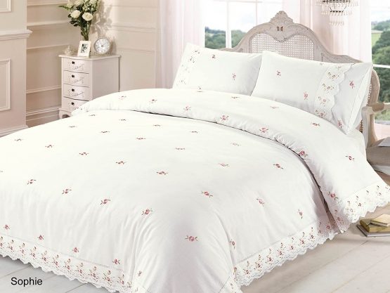 Rapport Home Duvet Quilt Cover Floral Lace Trim Embroidered Bed Set, Polyester-Cotton, Cream, Double