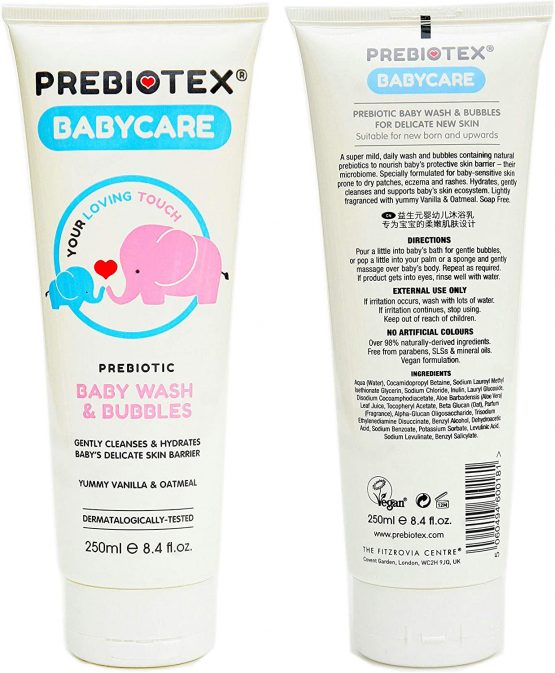 PREBIOTEX Baby Wash & Bubbles｜UK Brand | Sensitive Skin & Dry Skin Patches｜BIG 250ml｜Supports Baby's Skin Microbiome｜Cleanses Moisturises Protects｜Natural Prebiotics & Oatmeal | VEGAN-Society Approved - Image 2