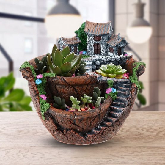 BESTOMZ Artificial Flowers Succulent Plants Mini Fairy Garden with Sweet House for Decoration - Image 3