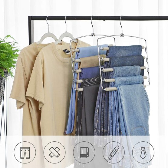 SONGMICS Trousers Hangers, Set of 3 Space-Saving Multi-Bar Metal Pants Hangers, Stable with Non-Slip Padding, Swing Bars for 5 Jeans Each, Suit Pants, Scarves, Ties, Grey and Silver CRI041GY - Image 2