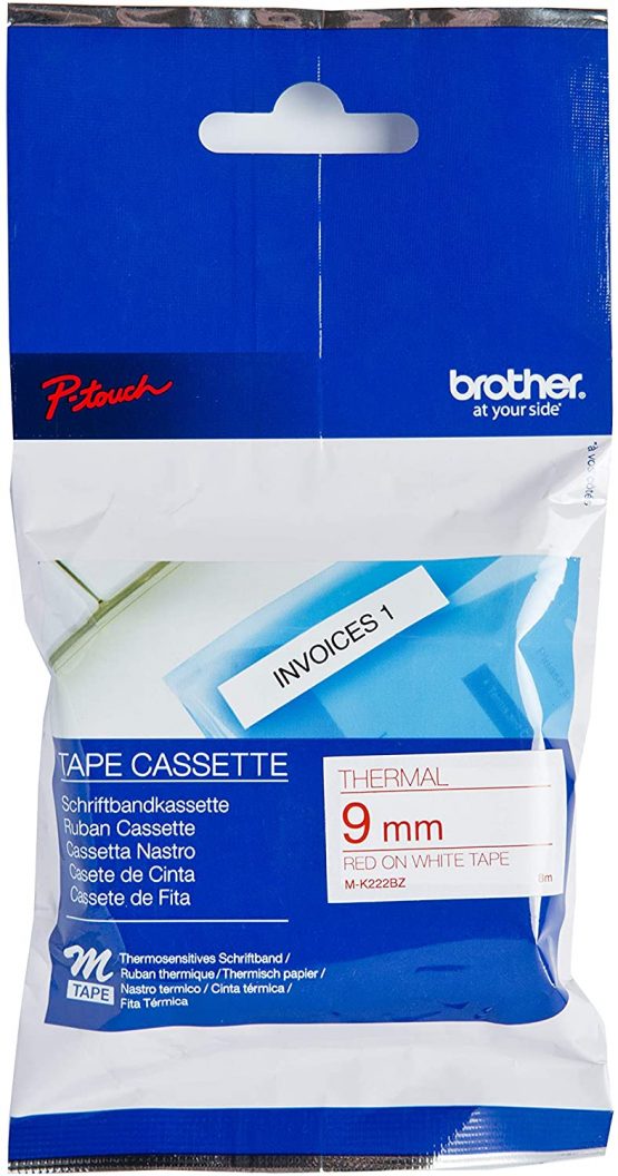 Brother M-K222BZ Labelling Tape Cassette, Red on White, 9 mm (W) x 8 m (L), Brother Genuine Supplies
