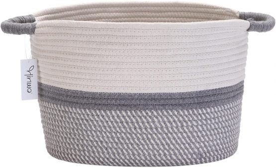 Hinwo Cotton Rope Storage Basket Collapsible Laundry Hamper Nursery Storage Bin Container Organizer with Handles, 15.7 x 12.6 inches, Off White and Grey (HWSB0009A UK)