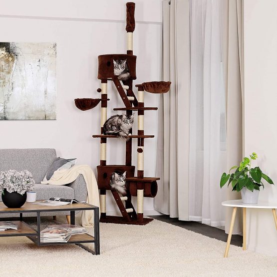 dibea Cat Tree Activity Centre High Ceiling Scratching Post, 240 to 260 cm, Brown - Image 2