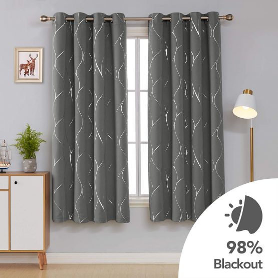 Deconovo Eyelet Blackout Curtains, Thermal Insulated Silver Wave Foil Printed Ring Top Curtains for Kids Bedroom, 46 x 72 Inch(Width x Length), Light grey, 2 panels - Image 2