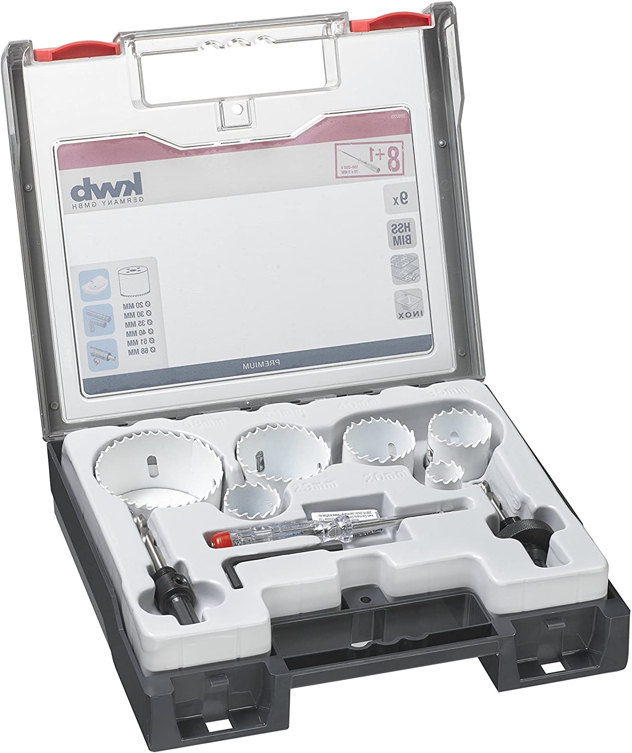 kwb 9-Piece Professional Bi-Metal Hole Saw Set, Vario Tooth Design, 8% Cobalt, Includes Voltage Tester, diameter 20, 30, 35