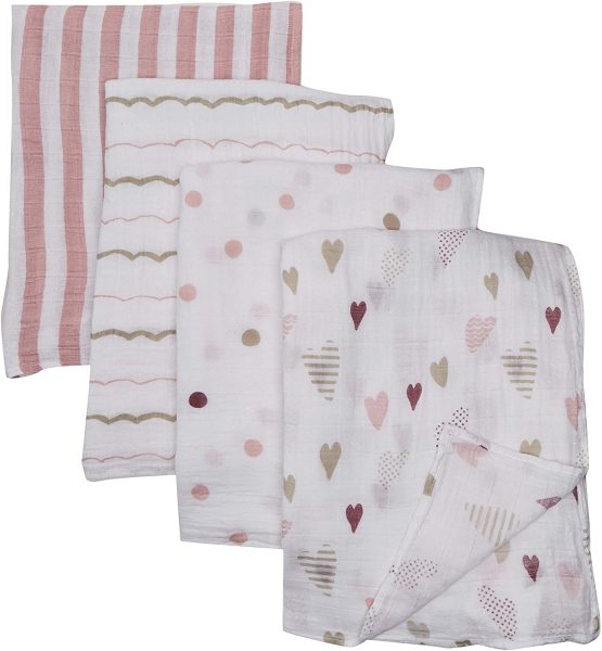 aden + anais swaddle, 100% cotton muslin, 120cm X 120cm, 4 pack, heart breaker