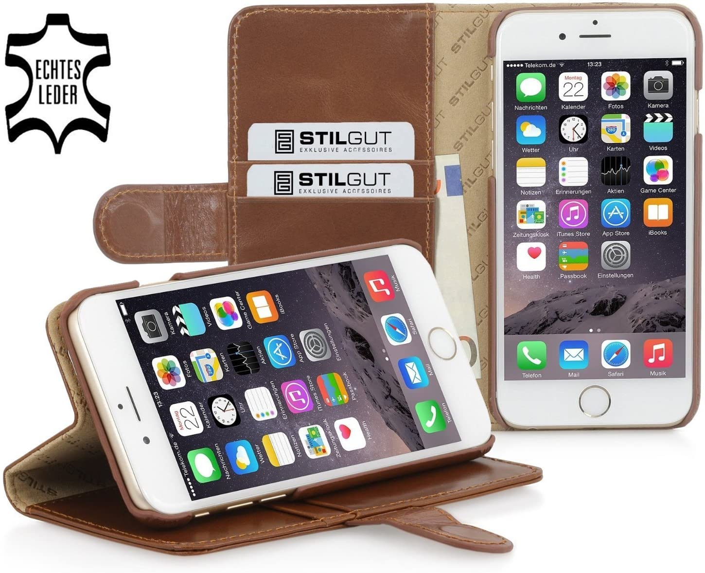 StilGut Wallet Type Leather Case Compatible with iPhone 6Plus/6s Plus 5.5", Cognac Brown