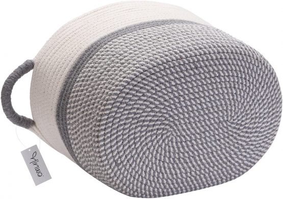 Hinwo Cotton Rope Storage Basket Collapsible Laundry Hamper Nursery Storage Bin Container Organizer with Handles, 15.7 x 12.6 inches, Off White and Grey (HWSB0009A UK) - Image 4