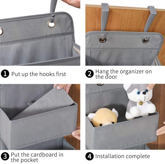 ManGotree Over The Door Storage Organizer,Hanging Storage, Wardrobe Storage Organizer, 4 Pockets Door Hanging Closet Storage with 2 Hooks, Foldable (Dark Grey) - Image 4