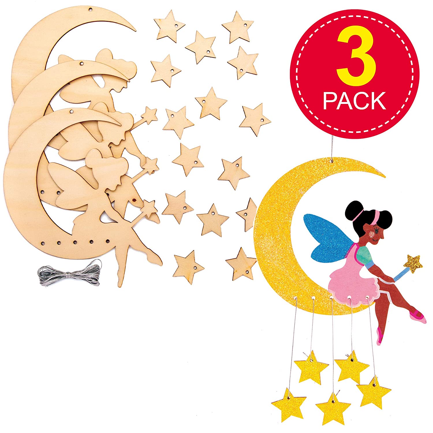 Baker Ross AT539 Fairy Wooden Mobile Kits - Pack of 3, Woodcrafts for Kids to Design Paint, Decorate and then Use - Image 2