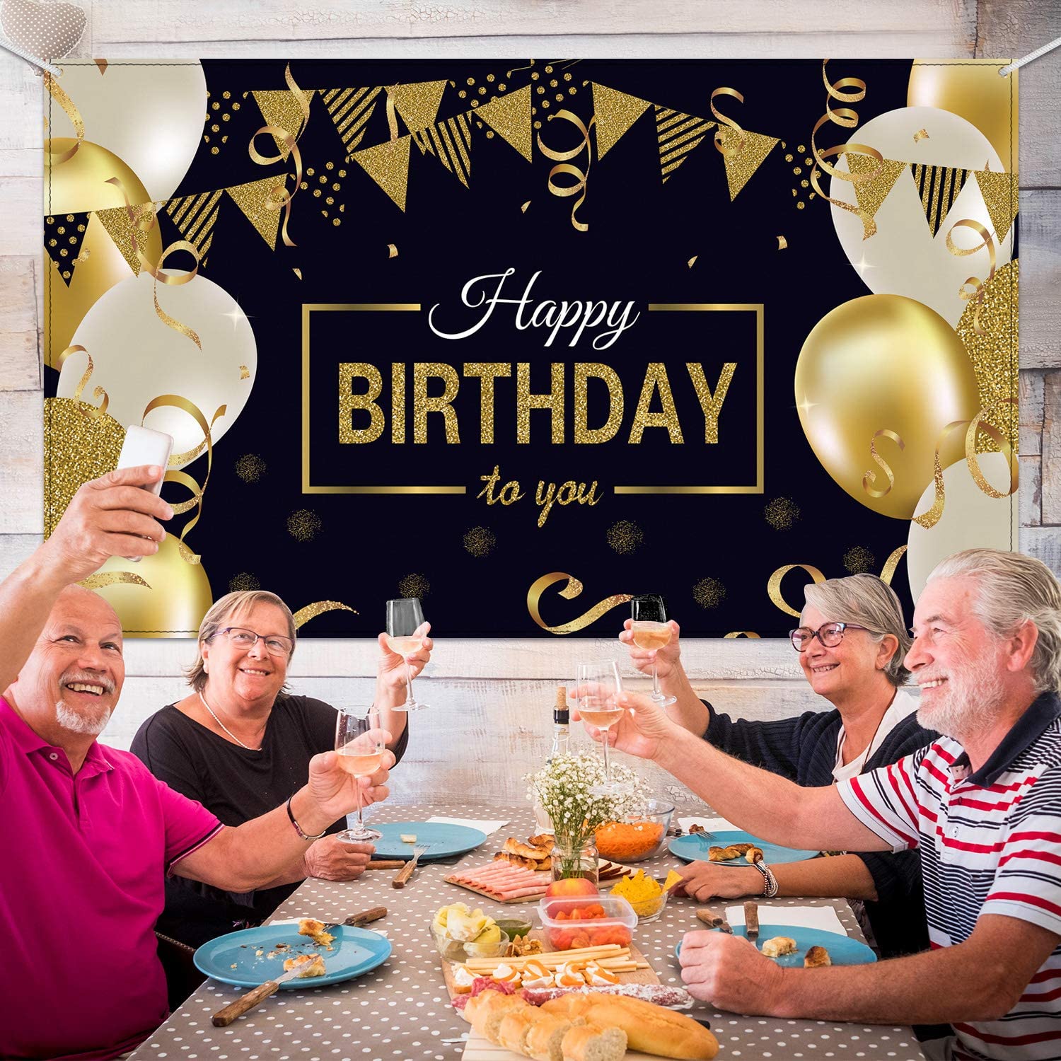 Blulu Happy Birthday Backdrop Banner Extra Large Birthday Sign Poster for Men Women Anniversary Party Photo Booth Backdrop Background Banner Decoration Supplies(Black and Gold) - Image 3