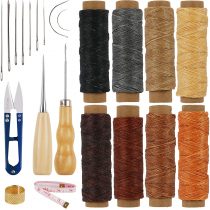 CHIFOOM 22pcs Leather Sewing Waxed Thread Cord Craft Hand Stitching Tools Kit with Hand Sewing Needles and Drilling Awl Thimble for Leather Carving Supplies Accessories DIY Crafts
