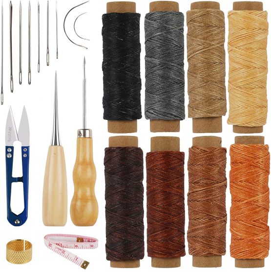 CHIFOOM 22pcs Leather Sewing Waxed Thread Cord Craft Hand Stitching Tools Kit with Hand Sewing Needles and Drilling Awl Thimble for Leather Carving Supplies Accessories DIY Crafts