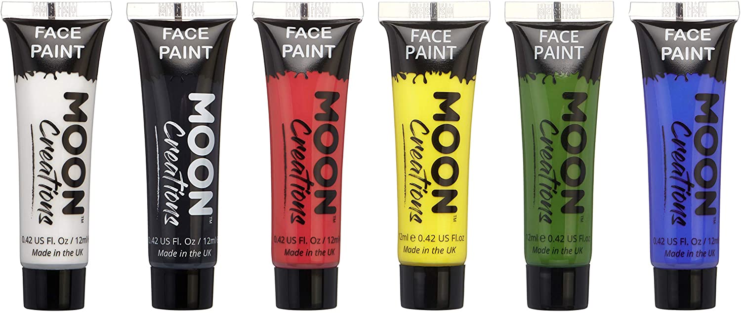 Moon Creations Face & Body Paint Tubes, White, Black, Red, Yellow, Green, Dark Blue