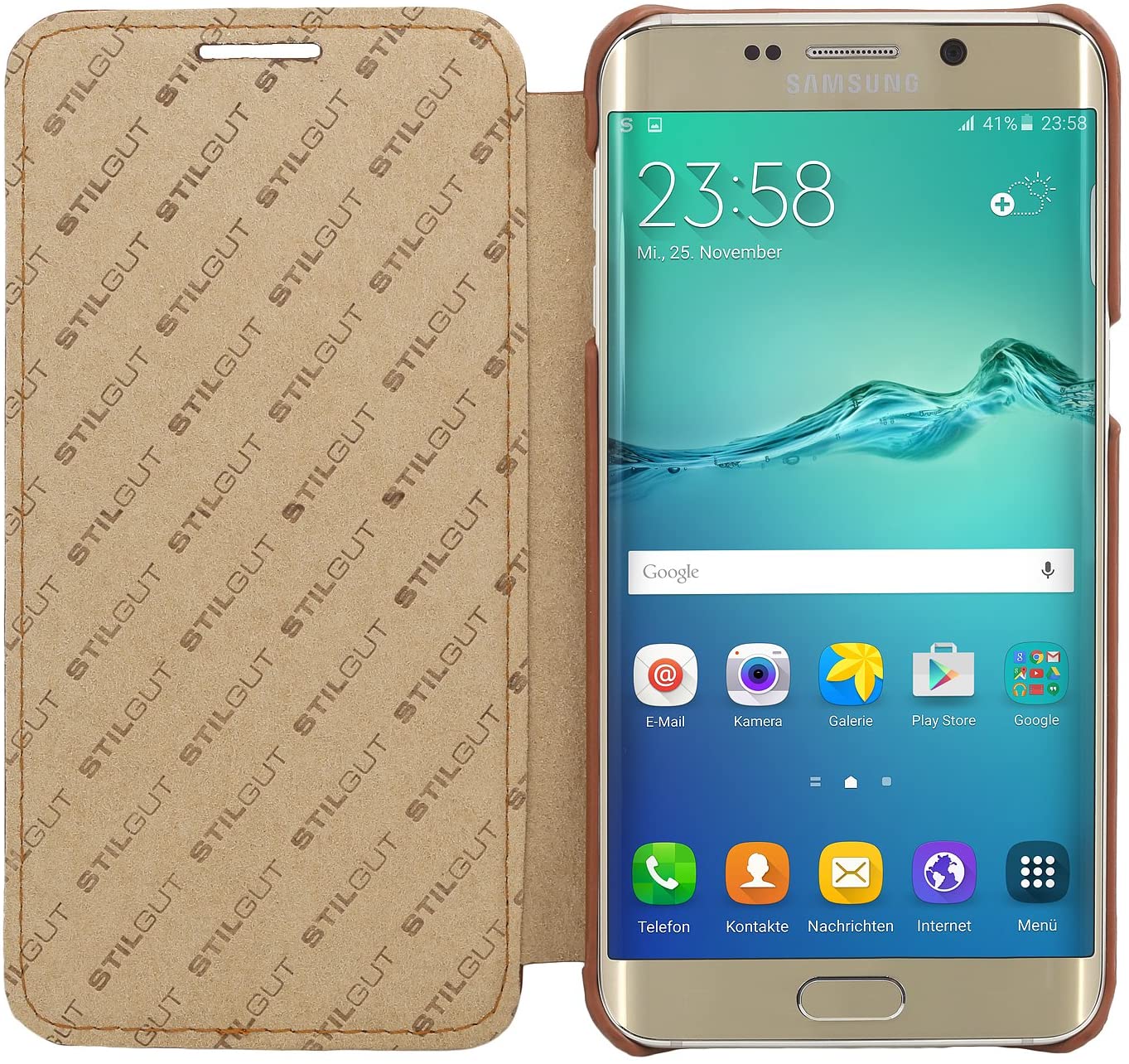 StilGut Case Compatible with Galaxy S6 edge+, Book Type Leather Flip Case, Cognac - Image 2