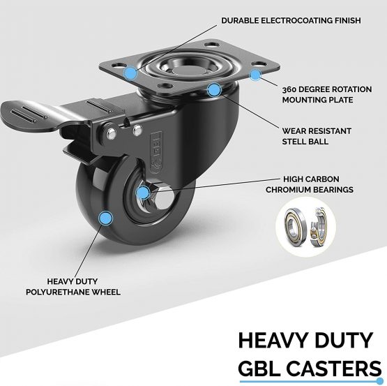 GBL Heavy Duty Castor Wheels with 2 Brakes + Screws - 50mm up to 200KG - Pack of 4 No Floor Marks Silent Caster for Furniture - Rubbered Trolley Wheels - Black Castors - Image 2