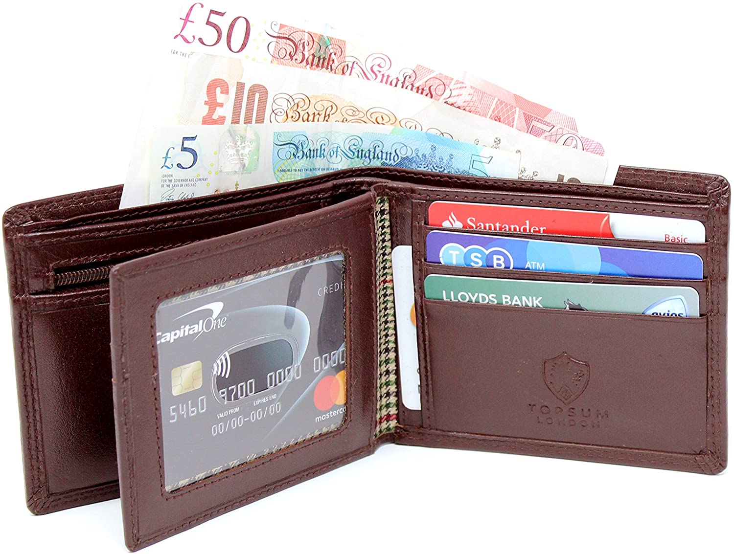 TOPSUM LONDON Genuine Leather RFID Blocking Bifold Wallet for Men, Luxury Designer Cardholder with Zip Coin Pocket - Image 2