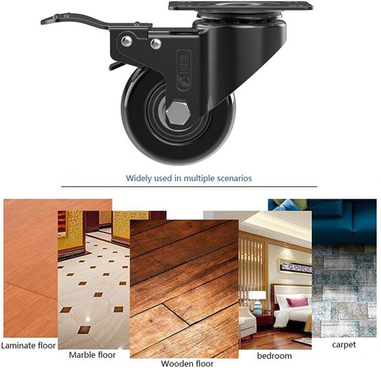 GBL Heavy Duty Castor Wheels with 2 Brakes + Screws - 50mm up to 200KG - Pack of 4 No Floor Marks Silent Caster for Furniture - Rubbered Trolley Wheels - Black Castors - Image 3