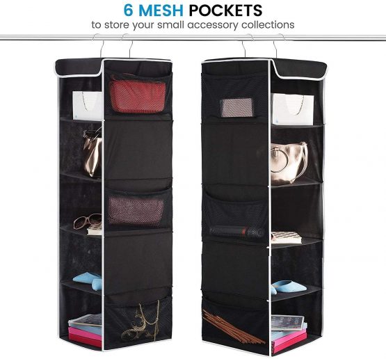5-Shelf Hanging Wardrobe Storage Organiser - Strong & Durable Hanging Shelves with Metal Hooks - Breathable, Easy Access Closet Storage System with Pockets - Clothes & Shoes Hanging Cupboard Storage - Image 3