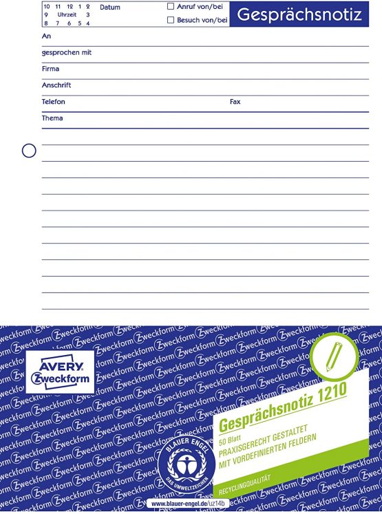 AVERY Zweckform 1210 Conversation Note (A5, Tear-Off Pad, Glued Top, 50 Sheets) White