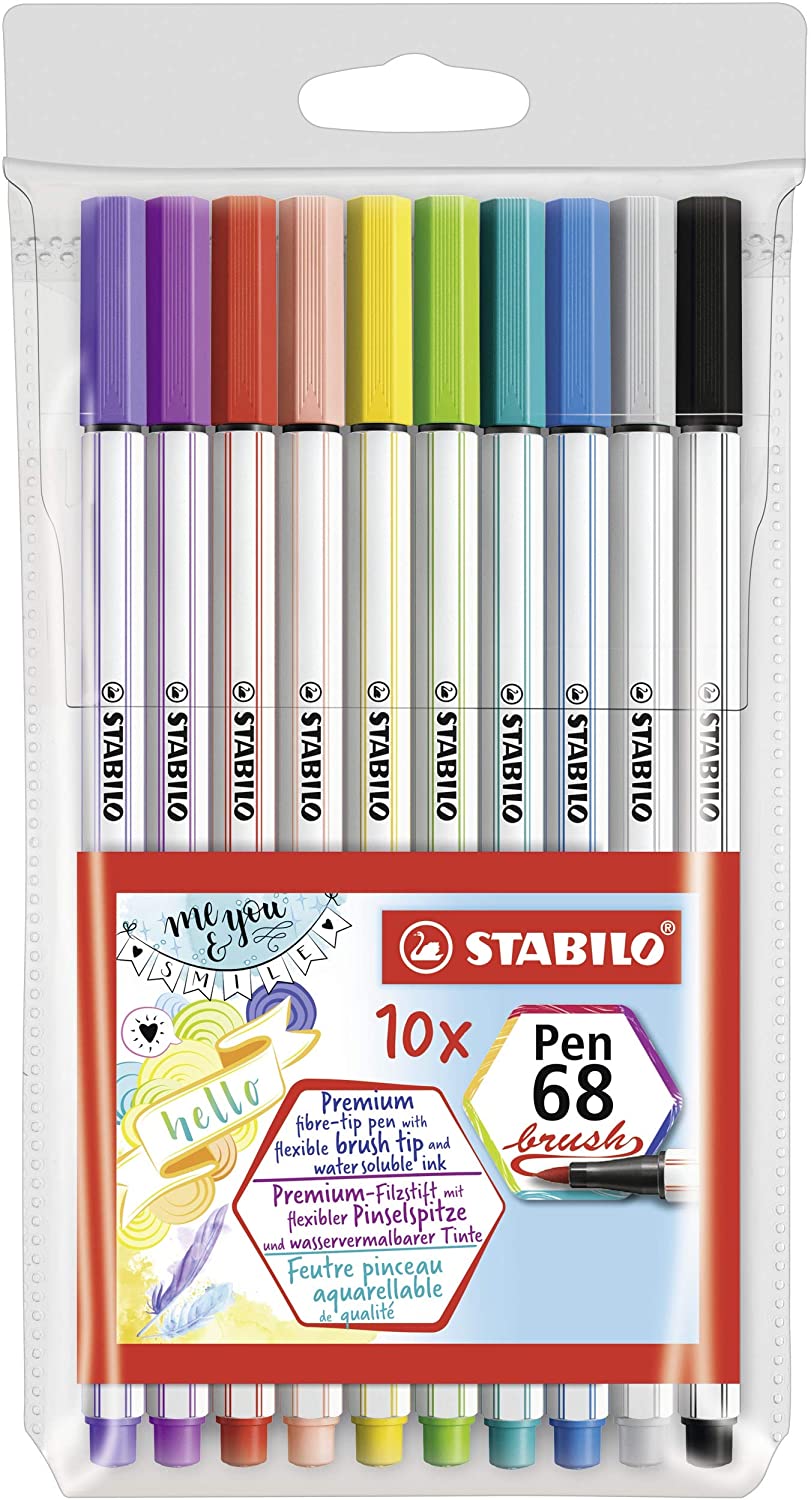 STABILO Premium Fibre-Tip Pen Pen 68 brush - Wallet of 10 - Assorted Colours, 10 count (Pack of 1)