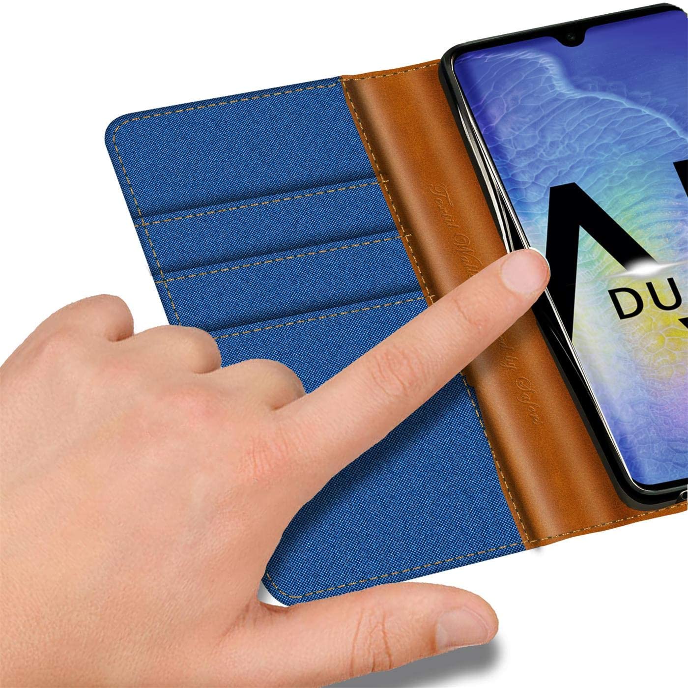 Verco Phone Wallet Case compatible with the Huawei Mate 20, Canvas Faux Leather Book Cover for the Mate 20 Flip Case Bag Hinged - Blue - Image 3