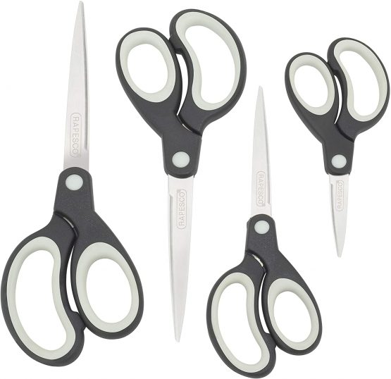 Rapesco 1574 Soft Grip Handle Scissors - Set of 4 (Black/Light Grey)