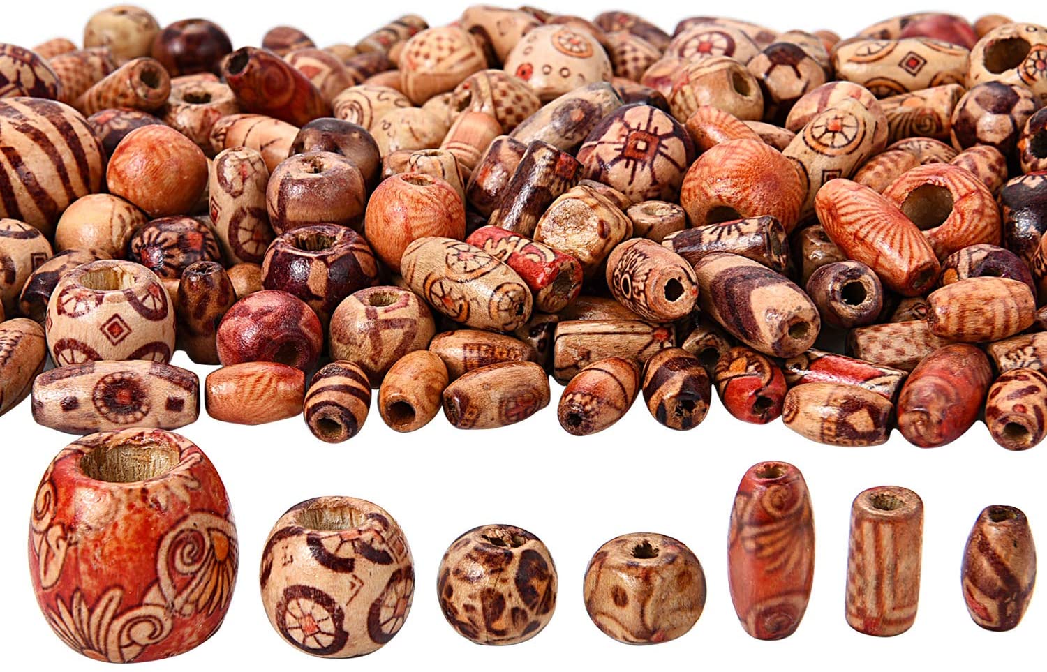 400 Pieces Printed Wooden Beads Various Shapes Loose Wood Beads for Jewelry Making DIY Bracelet Necklace Hair Crafts
