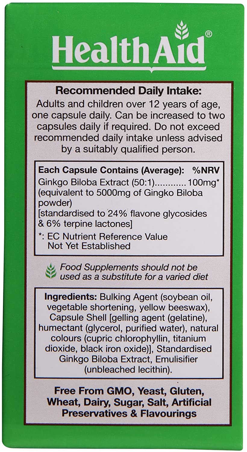 HealthAid Ginko Vital (Ginkgo Biloba) 30 Capsules, White, 30 g (Pack of 1) - Image 2