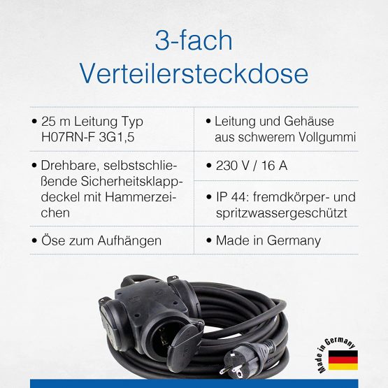 AS – Schwabe Triple Solid Rubber Cable Power Strip, Black, Commercial, Construction site, 60450 - Image 3