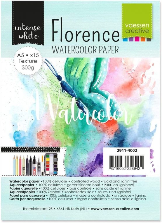 Vaessen Creative Florence Watercolour Paper A5, White, 300 GSM, Artist Grade Quality, Textured Surface, 100 sheets for Painting, Handlettering, Art Projects and More