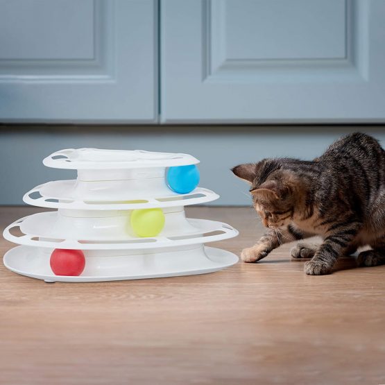 Relaxdays Cat Roller Toy, Interactive Kitten Teaser with 3 Balls, 3-Level Tower Track, Entertainment & Exercise, White, 10027929_49 - Image 2