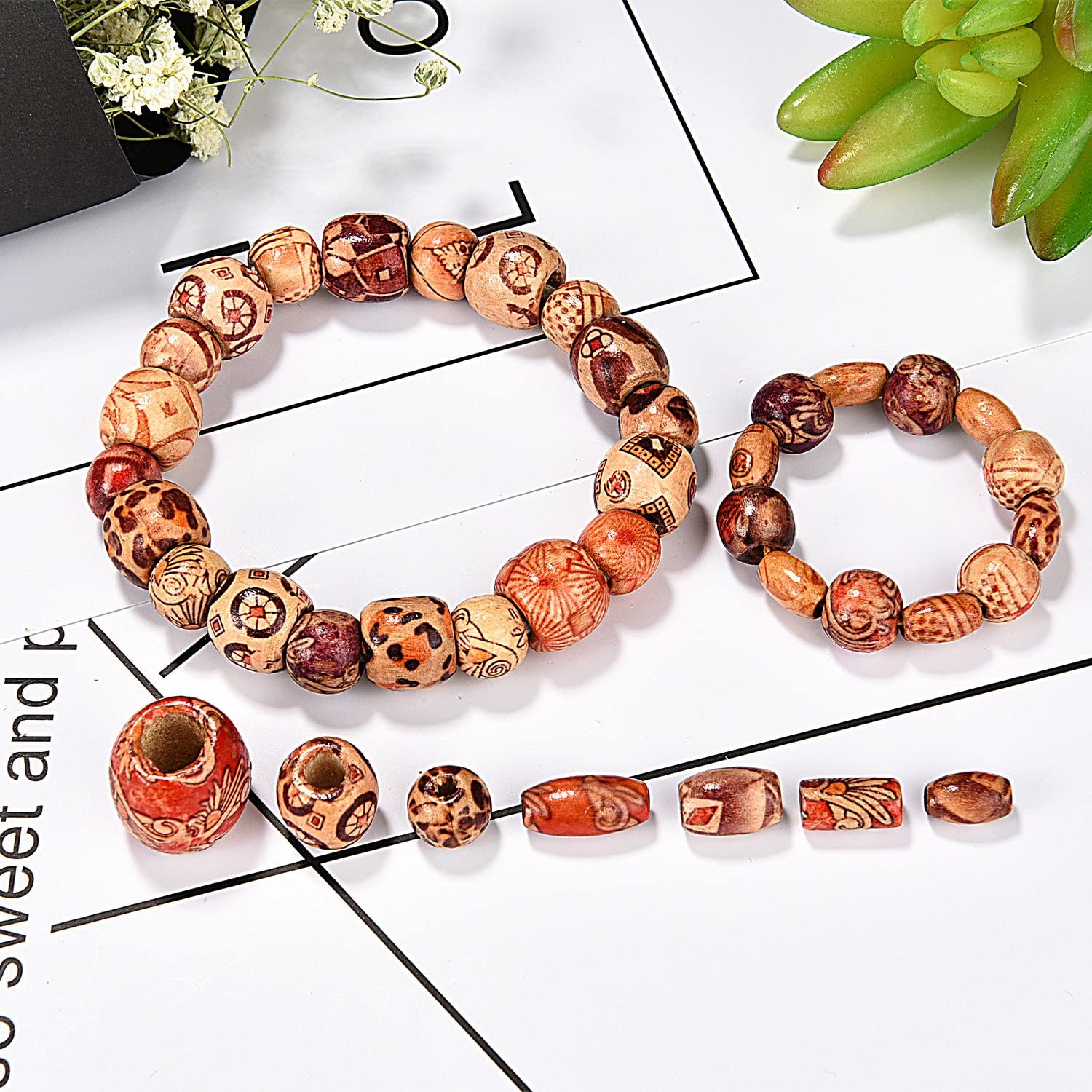 400 Pieces Printed Wooden Beads Various Shapes Loose Wood Beads for Jewelry Making DIY Bracelet Necklace Hair Crafts - Image 3