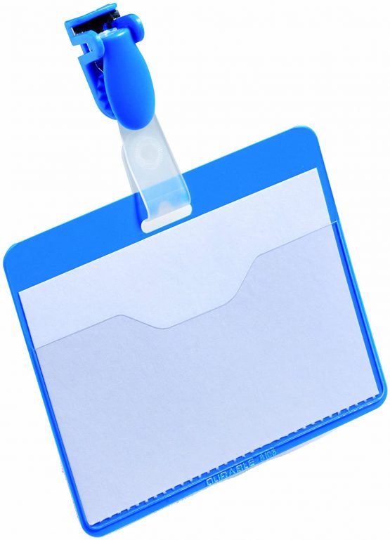 Durable Visitor Name Badge 60 x 90 mm with Clip Blue | Pack of 25 Badges | Includes Blank Insert Cards | Perfect For Events and Visitor Management