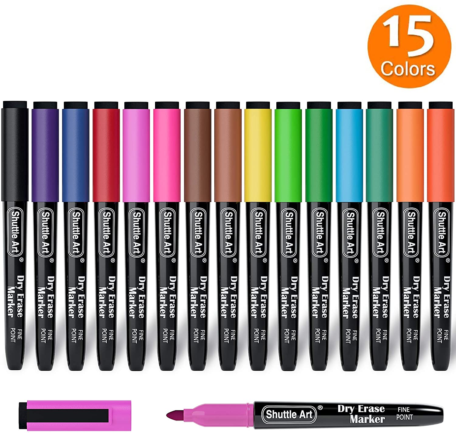 Shuttle Art Whiteboard Markers, 15 Colours Magnetic Whiteboard Pens with Eraser