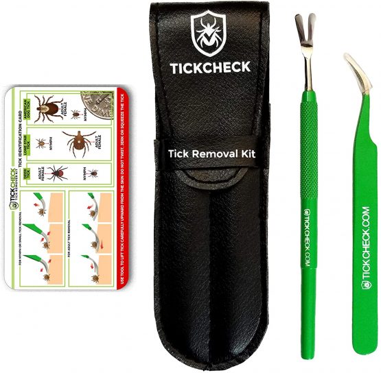 TickCheck Premium Tick Remover Kit (Stainless Steel Tick Remover with Tweezers, Leather Case and Pocket Tick Identification Card)